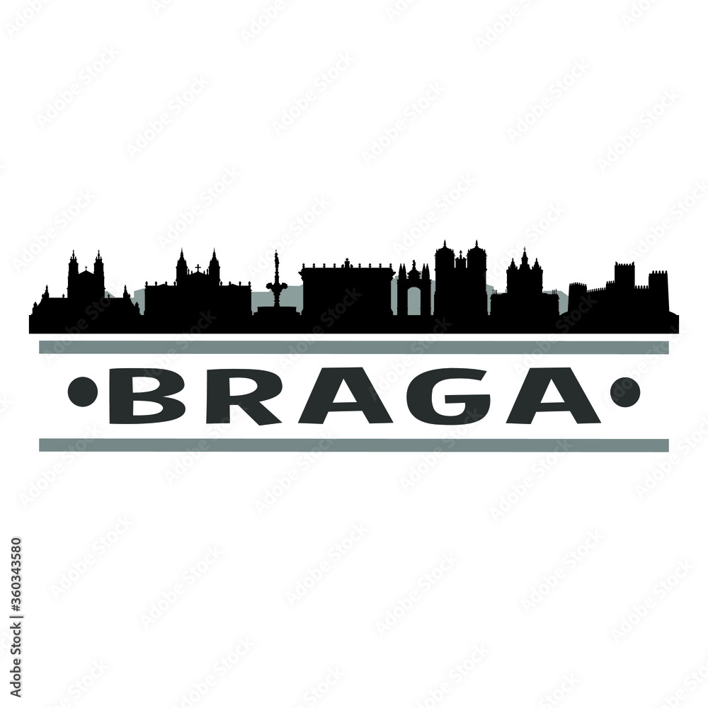 Braga Portugal Travel. City Skyline. Silhouette City. Design Vector. Famous Monuments.