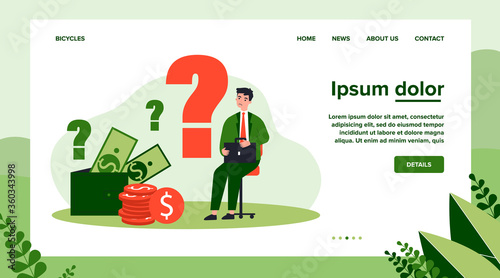 Sad man concerned about financial problem, money need and unpaid loan debts. Male character, question mark, wallet with cash. Vector illustration for finance, bankruptcy, trouble concept