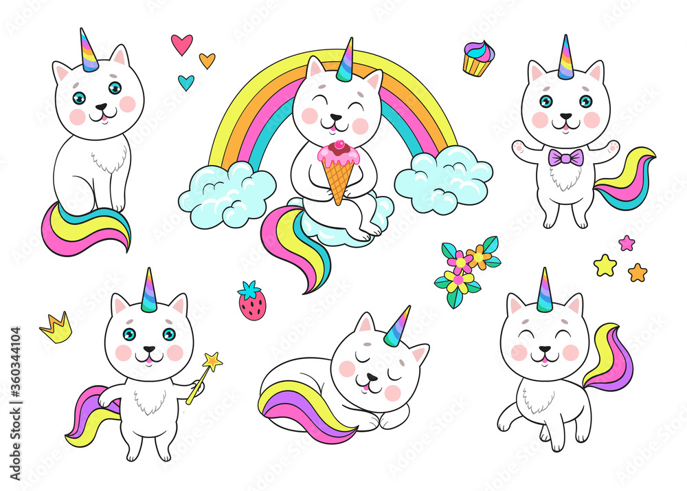 Funny rainbow unicorn cat set. Cute cartoon kitty eating ice cream, strawberry, cupcake, playing with magic stick or sleeping. Flat vector illustrations can be used for fantasy, animals concept