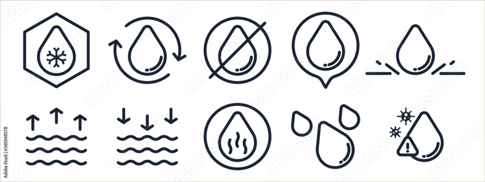 Water drop. Water set in modern line style. High quality black outline drop symbols for web site design and mobile apps. Simple water pictograms on a flat background.