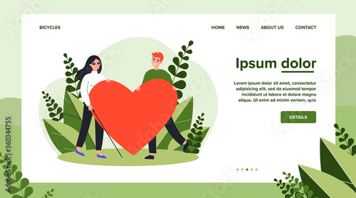 Visually impaired woman and man holding big heart. Romance, care, support flat vector illustration. Love and relationship concept for banner, website design or landing web page
