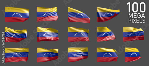 many various realistic renders of Venezuela flag isolated on grey background - 3D illustration of object