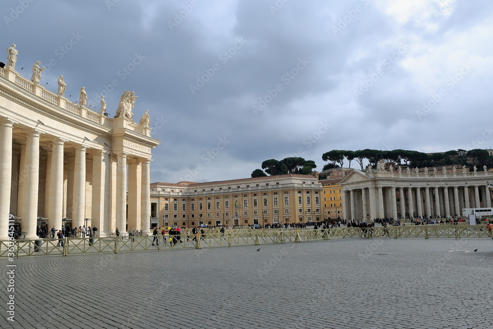 Exterior detail view of St. Peter's Square and Basilica. Rome, Italy