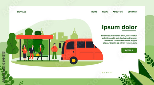 Passengers standing at bus stop. Businessman, senior man, student waiting vehicle. Vector illustration for city transportation, commuters, urban life concept