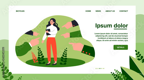 Victim of social bullying. Index fingers pointing at sad depressed woman feeling shame, guilty. Vector illustration for society conviction, denunciation, blame, accusing concept