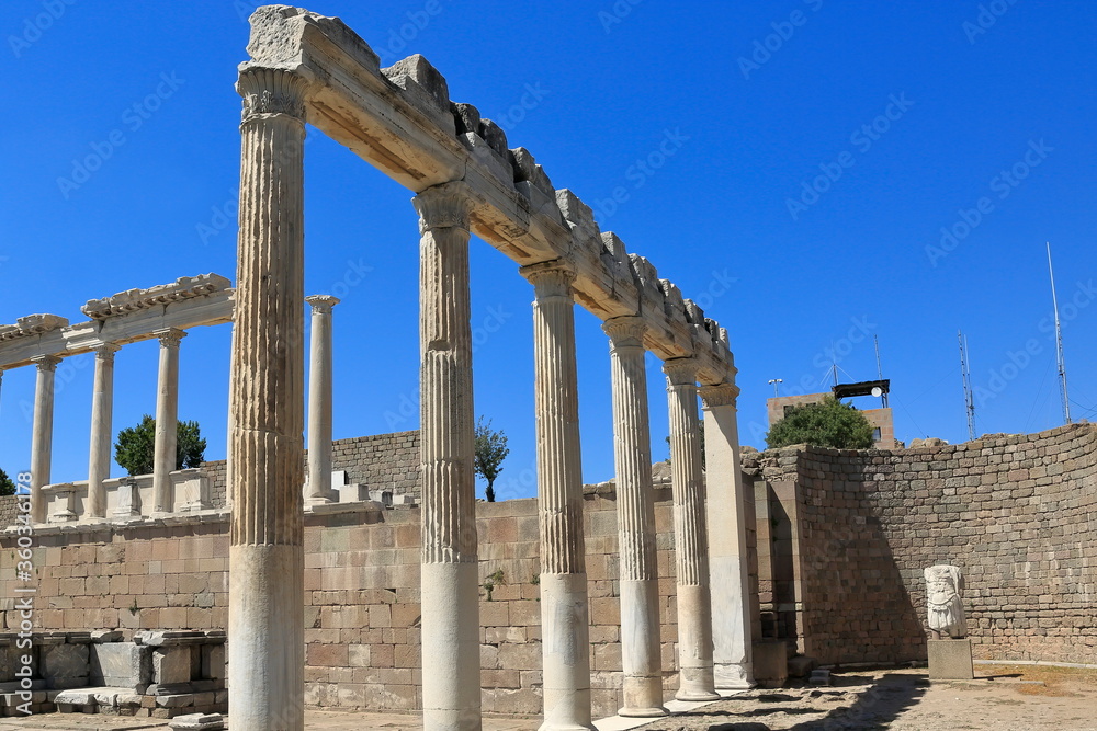 Pergamon, Acropolis-Turkey. The ruins of the temple of Traian temple. It was built during the Roman Emperor Traian period (98-161 AD).