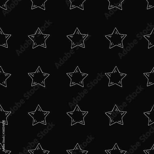 Seamless pattern with white contour stars on a black background. Vector image.