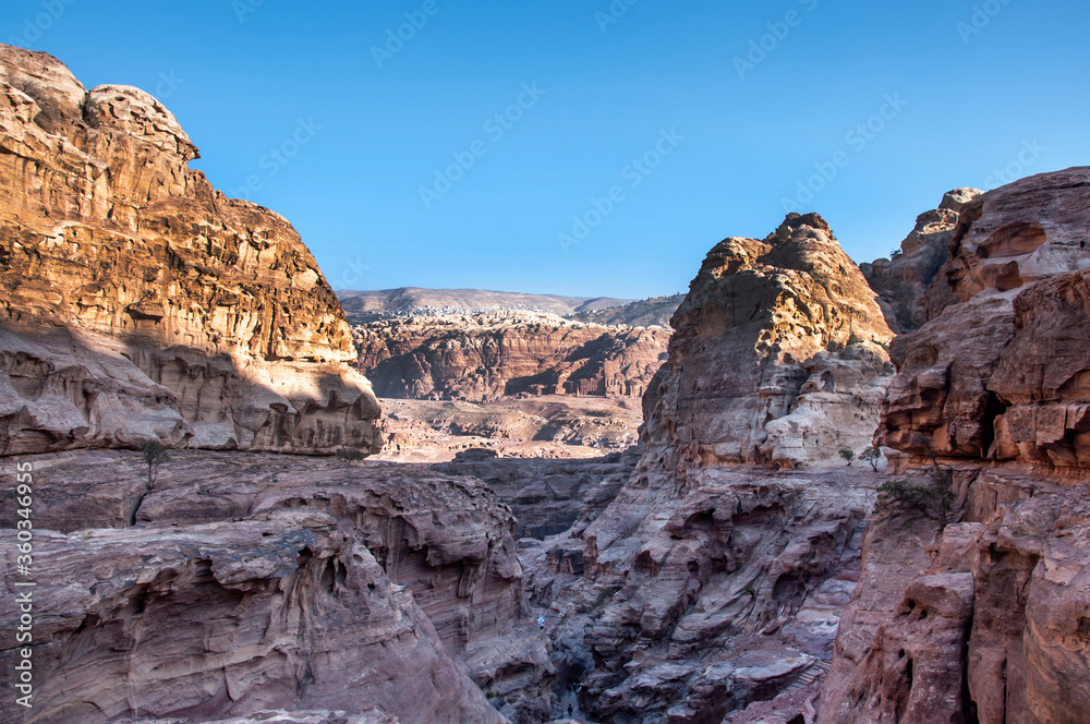 Ancient tombs carved in stone in Petra, Jordan