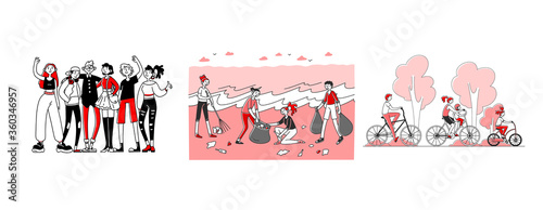 Community of people set. Volunteers collecting garbage, team of friends, riding bikes. Flat illustrations. Unity, friendship, teamwork concept for banner, website design or landing web page