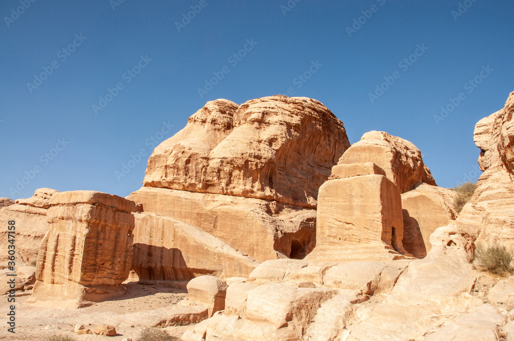 Ancient tombs carved in stone in Petra, Jordan