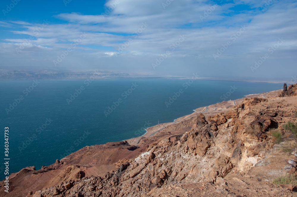 View of Dead sea coastline on Jordanian side