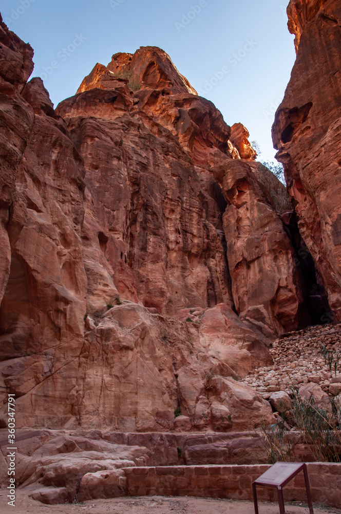 Ancient tombs carved in stone in Petra, Jordan