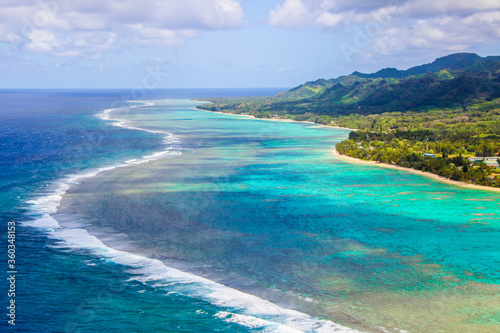 Rarotonga breathtaking stunning views from a plane of beautiful beaches, white sand, clear turquoise water, blue lagoons, Cook islands, Pacific islands