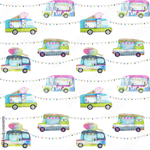 Hand drawn watercolor ice-cream truck seamless pattern background. Side view of ice cream van. Hand painted illustration. Decorated with garland.