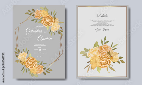  Elegant wedding invitation card with beautiful floral and leaves template Premium Vector