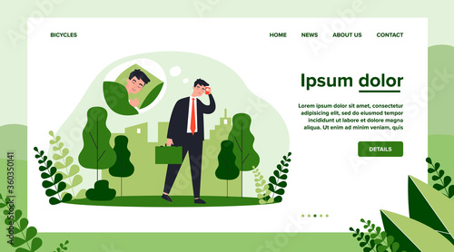 Tired sleepy office man walking to work. Sad exhausted businessman going outside. Flat vector illustration for coffee addiction, insomnia, sleep problem concept