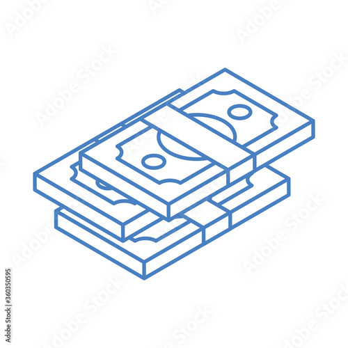 isometric money cash currency stacked banknotes isolated on white background linear blue icon