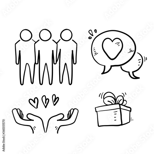 hand drawn Friendship and love doodle icons. Interaction, Mutual understanding and assistance business. Trust, social responsibility icons. vector