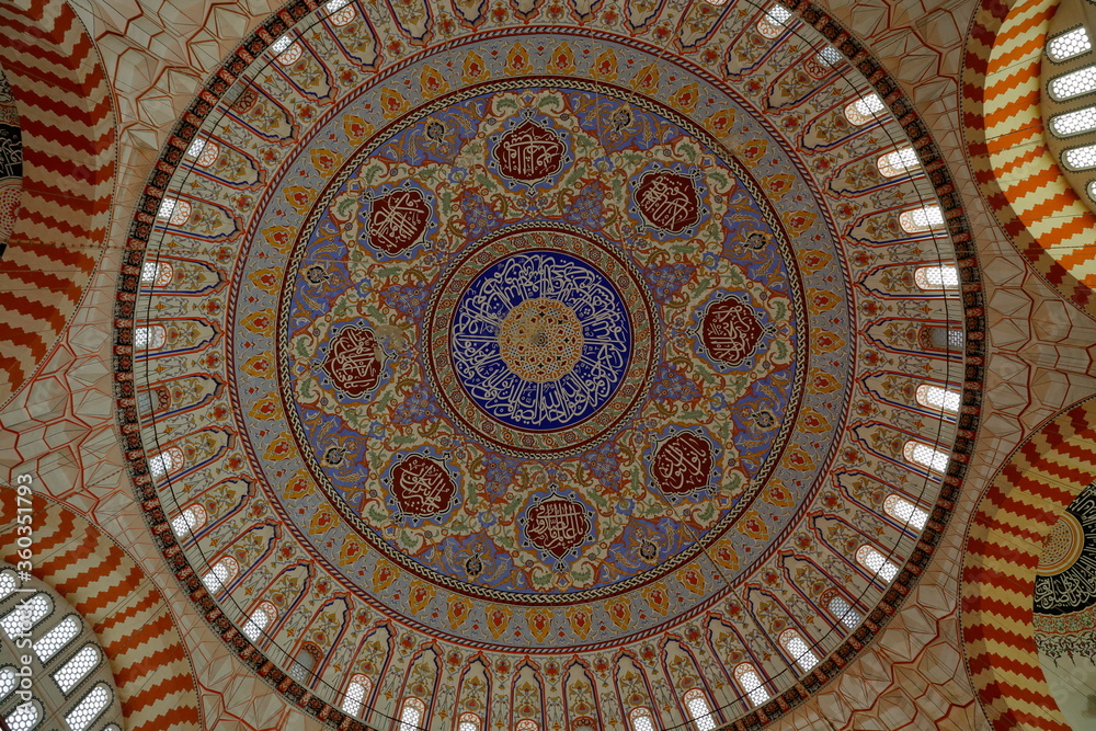 Selimiye mosque is one of the masterpieces of Ottoman-Turkish art and the history of world architecture. (Built 1575)From inside, view of the dome. Edirne, Turkey