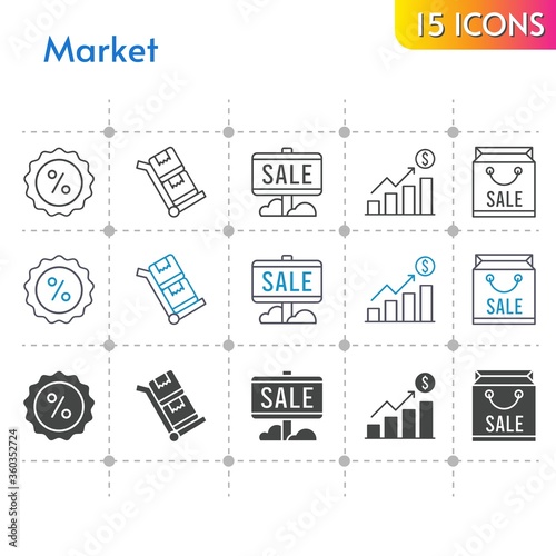 market icon set. included profits, shopping bag, sale, discount, trolley icons on white background. linear, bicolor, filled styles.