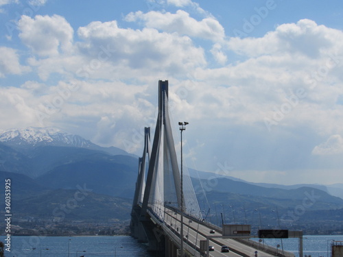 Fototapeta Naklejka Na Ścianę i Meble -  View of the Rio-Antirrio Bridge, officially the Charilaos Trikoupis Bridge, located in Greece on a cloudy day