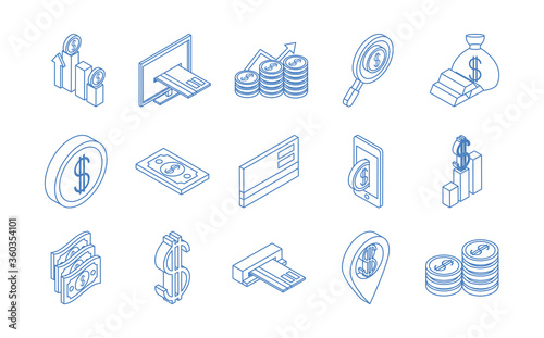 isometric money cash currency business coins banknotes isolated on white background linear blue icons set