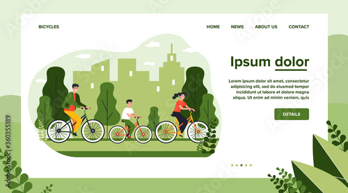 Young family cycling with city on background flat vector illustration. People riding on bikes in urban park. Healthy lifestyle, vacation and leisure concept.