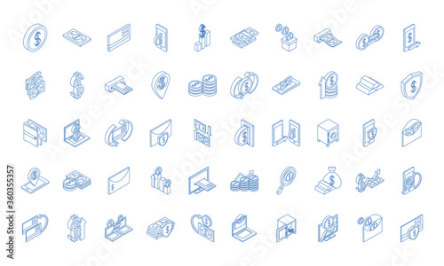 isometric money cash currency business coins banknotes isolated on white background linear blue icons set