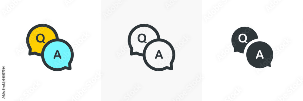 Fototapeta Ikona FAQ, pytania i odpowiedzi. Wersja kolorowa linii, glifów i wypełnionych konturów, kontury mowy Q i A oraz wypełniony znak wektorowy. Symbol, ilustracja logo. Zestaw ikon w innym stylu. Grafika wektorowa.