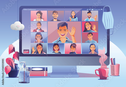Businessmen use Video conference landing. People on window screen taking with colleagues. Videoconferencing and online meeting workspace page, man and woman learning. Vector illustration, Flat