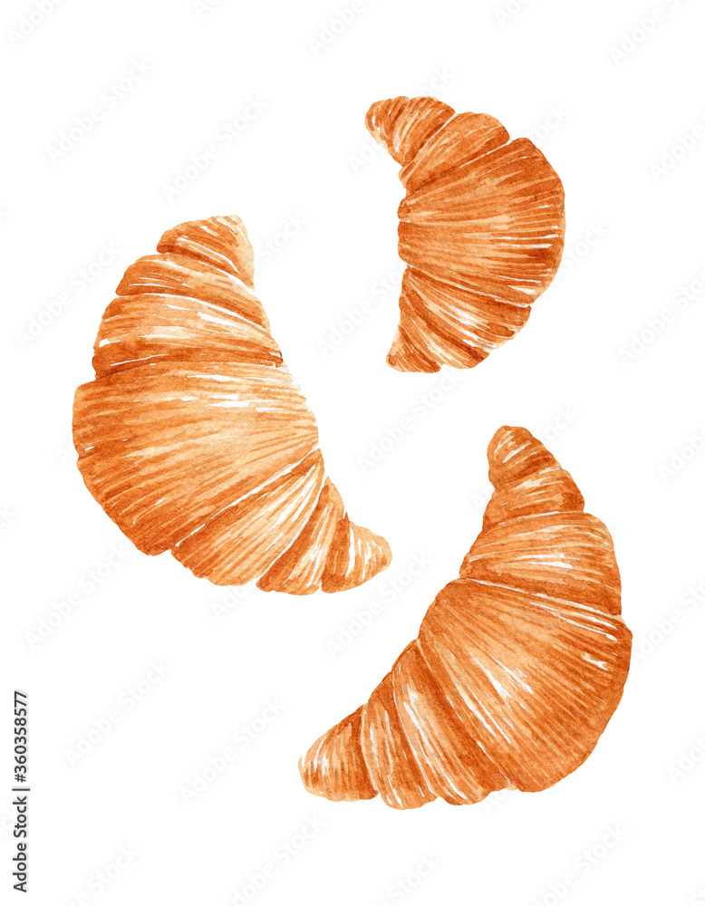 Set of fresh french croissants isolated on white background. 
Watercolor hand-drawn illustration. 
Perfect for your project, cards, prints, covers, menu, patterns.
