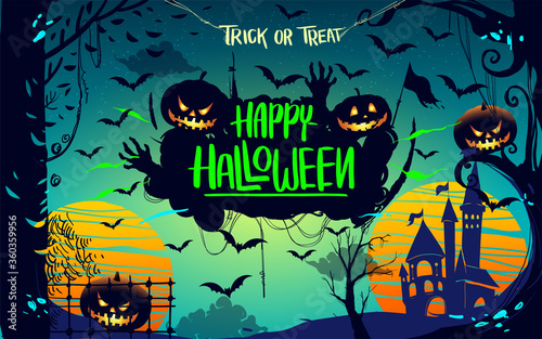 Happy Halloween Poster, night background with creepy pumpkins, illustration. vector elements for banner, greeting card Halloween celebration.