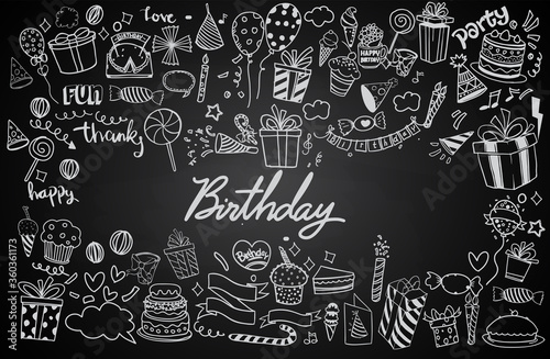 Happy Birthday background. Hand-drawn Birthday sets, party blowouts, party hats, gift boxes and bows. vector illustration chalk texture isolated on black background