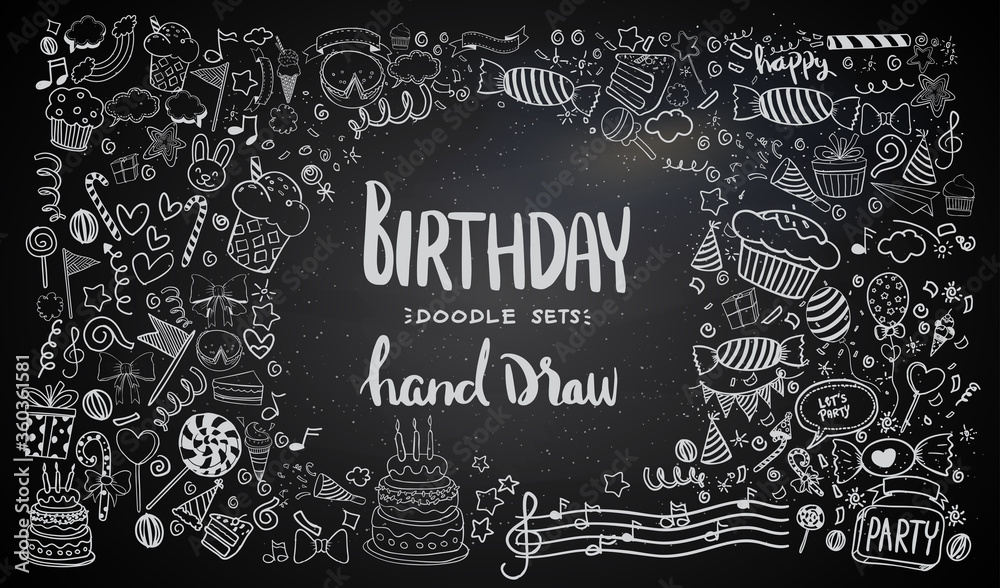 Happy Birthday background. Hand-drawn Birthday sets, party blowouts, party hats, gift boxes and bows. vector illustration chalk texture isolated on black background