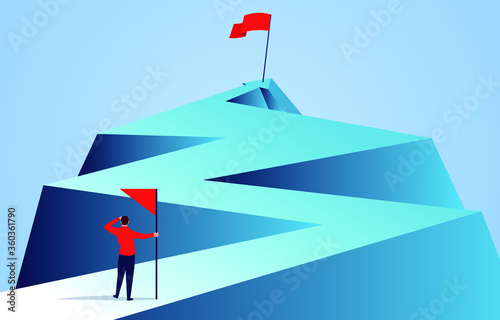 Businessman holding a flag looking at the flag farther from the top of the arrow