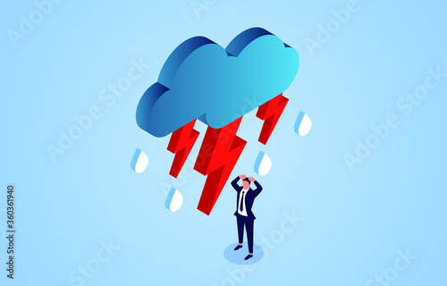 Frustrated businessman, businessman shrouded in dark clouds and lightning and rain
