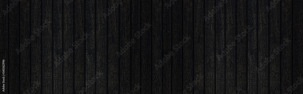 Panorama of Black wood texture background. Abstract dark wood texture on black wall. Aged wood plank texture pattern in dark tone - obrazy, fototapety, plakaty 