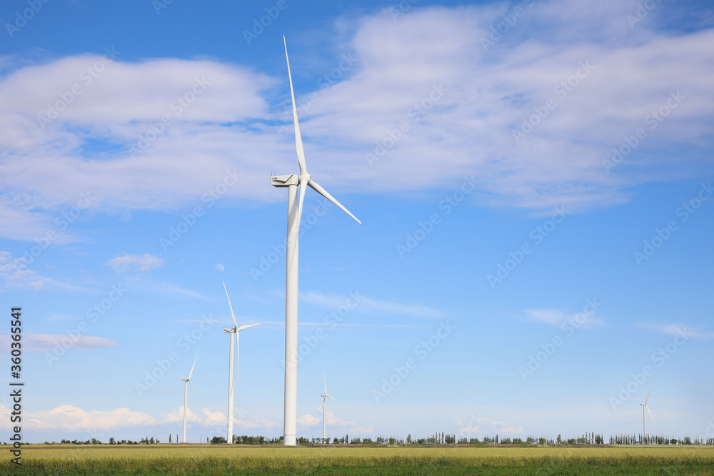 Beautiful view of field with wind turbines. Alternative energy source Beautiful view of field with wind turbines. Alternative energy source