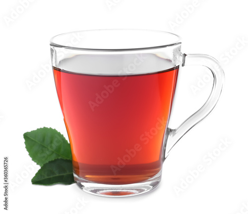 Fresh black tea and green leaves isolated on white