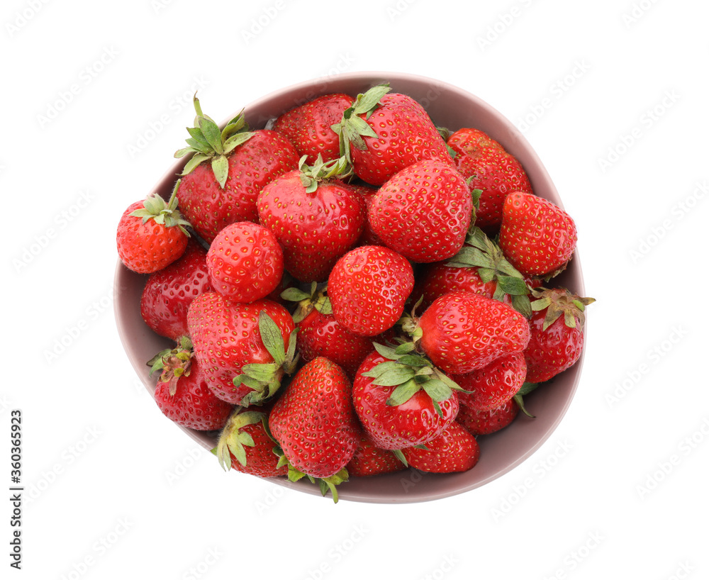 Ripe strawberries in bowl isolated on white, top view Ripe strawberries in bowl isolated on white, top view