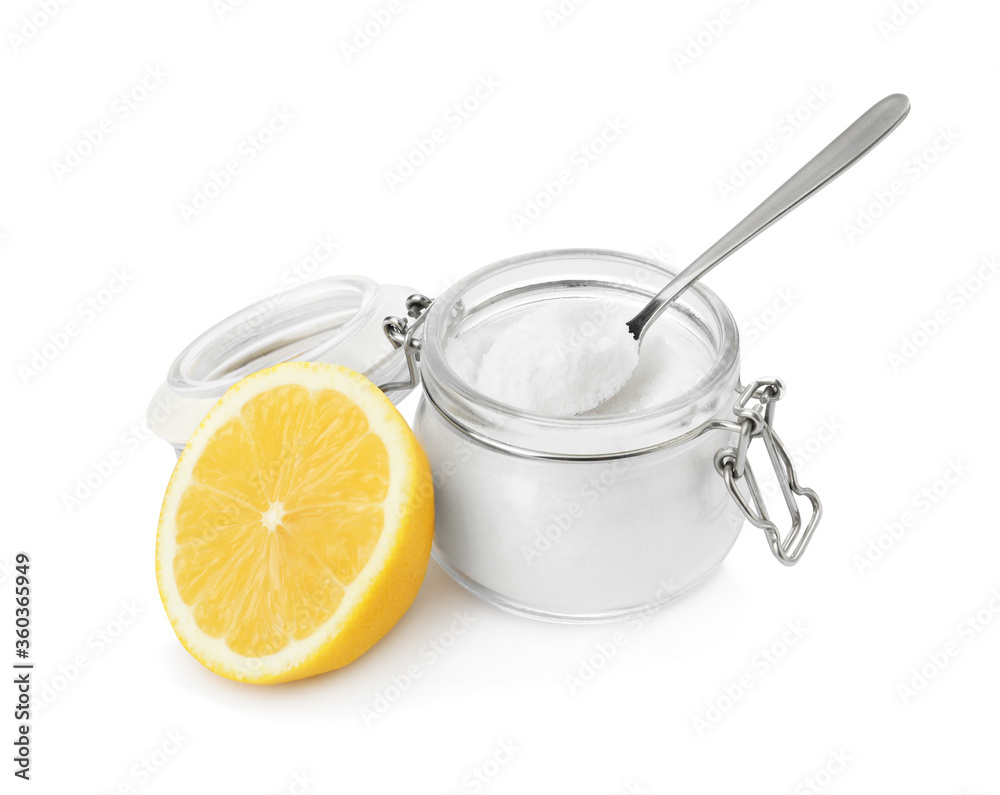 Baking soda and lemon on white background Baking soda and lemon on white background