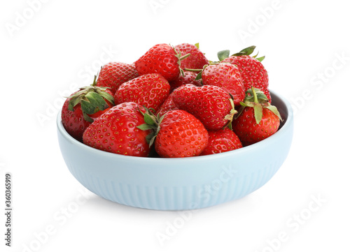 Ripe strawberries in bowl isolated on white