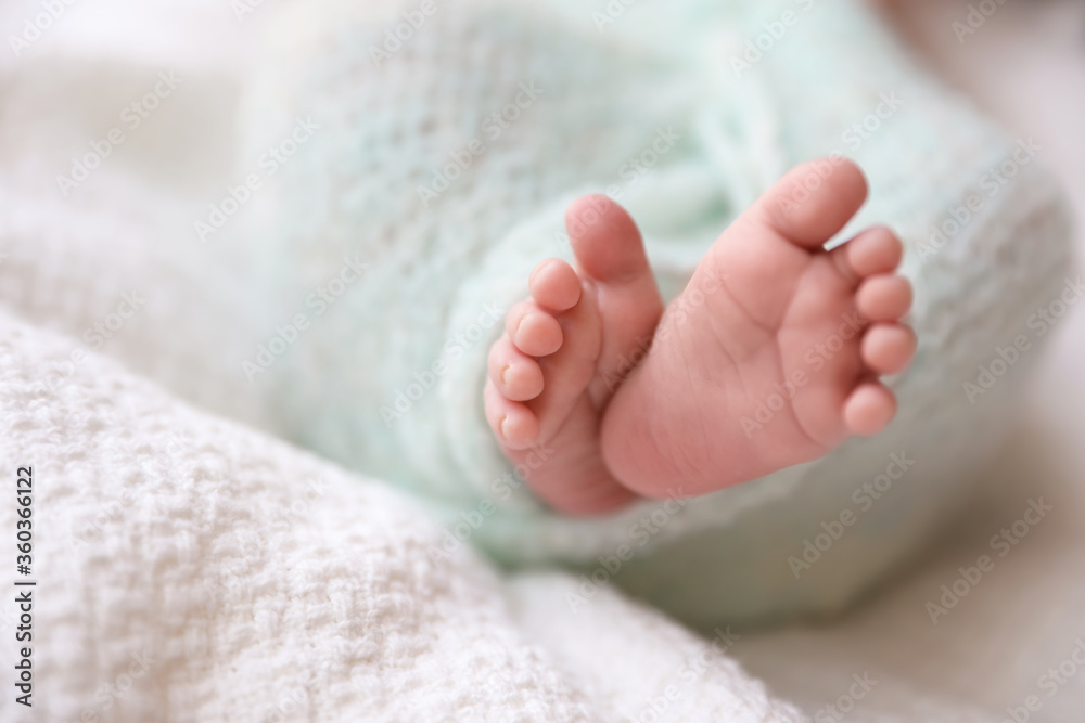 Newborn baby lying on plaid, closeup of legs. Space for text Newborn baby lying on plaid, closeup of legs. Space for text