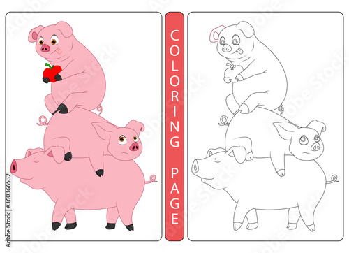 Coloring book pages . pigs cartoon illustration photo