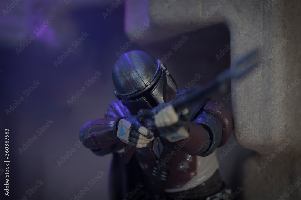 NEW YORK USA, JUNE 25 2020: Recreation of a scene from Disney Plus Star  Wars The Mandalorian - action scene with Pulse Rifle - Hasbro action figure  Stock Photo | Adobe Stock