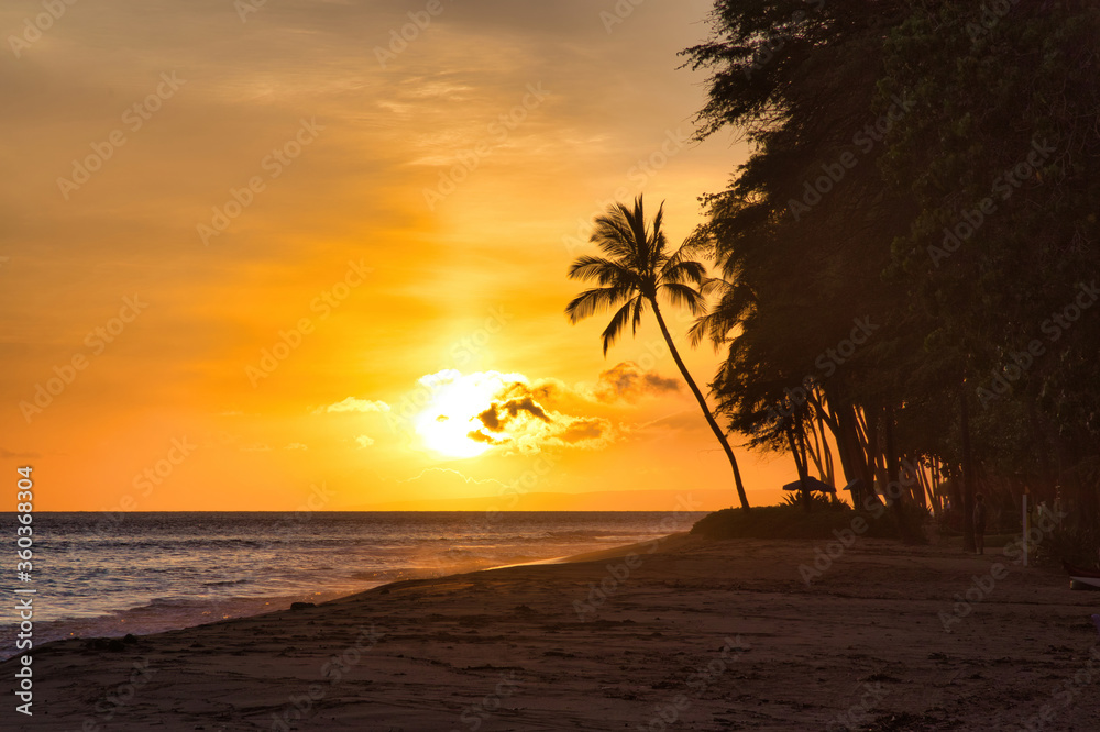 Tropical sunset at a sandy beach on Maui.