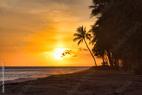 Tropical sunset at a sandy beach on Maui.