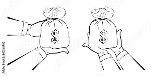 man holds out his hands with a bag of money. Issuance of a loan, repayment of a debt to a bank, economic offenses. Isolated vector on white background