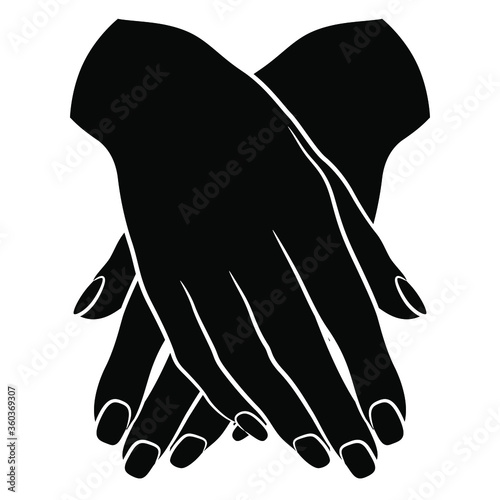 Two beautiful crossed female hands in elegant relaxed gesture. Black and white silhouette.