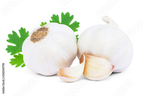 Close up garlic bulb and clove with green leaf isolated on white background. 